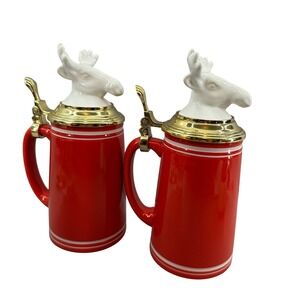 Two Red Ceramic Steins with Moose Lids 2015 Threshold Target Christmas Cozy